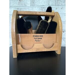 Esquire Footman Deluxe Vintage Shoe Shine Wooden Holder with Multiple Brushes